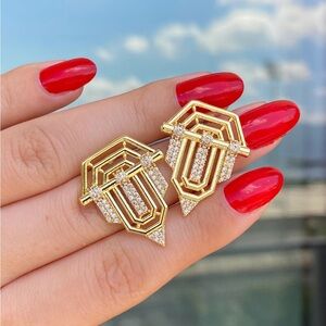 LUXE STATEMENT! Art Deco Pave Zircon Stud Earrings - 14K Gold Plated Waterproof